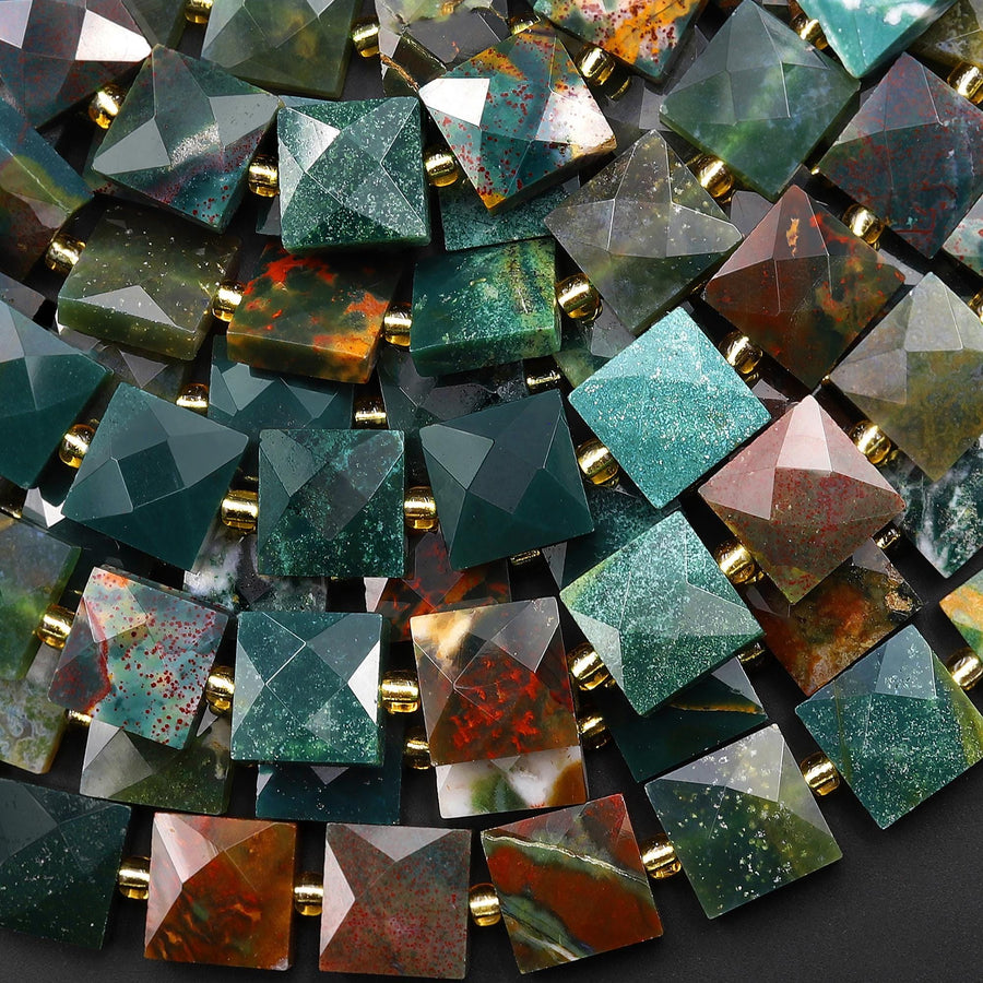 AAA Faceted Natural Indian Bloodstone 10mm Flat Square Cushion Gemstone Beads 15.5" Strand