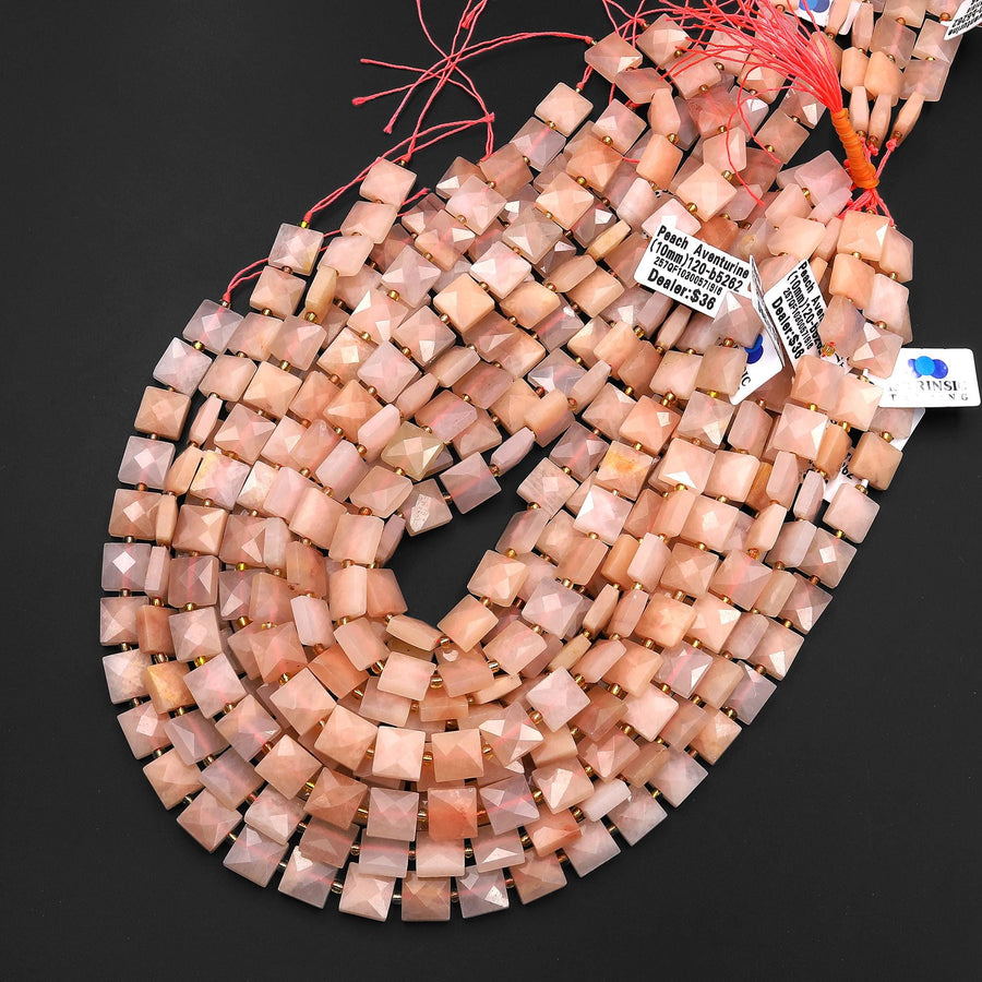 AAA Faceted Natural Peach Aventurine 10mm Flat Square Cushion Gemstone Beads 15.5" Strand