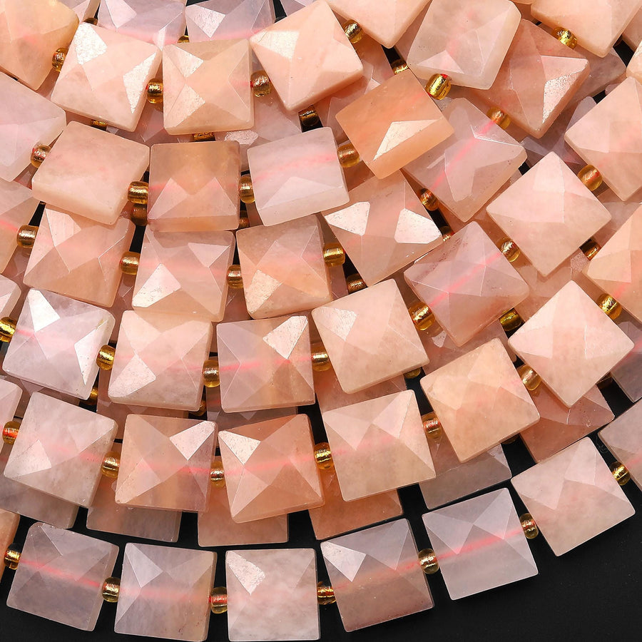 AAA Faceted Natural Peach Aventurine 10mm Flat Square Cushion Gemstone Beads 15.5" Strand