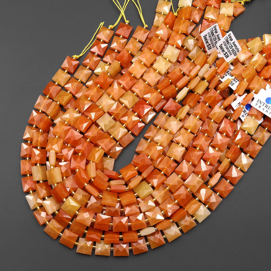 AAA Faceted Natural Orange Aventurine 10mm Flat Square Cushion Gemstone Beads 15.5" Strand