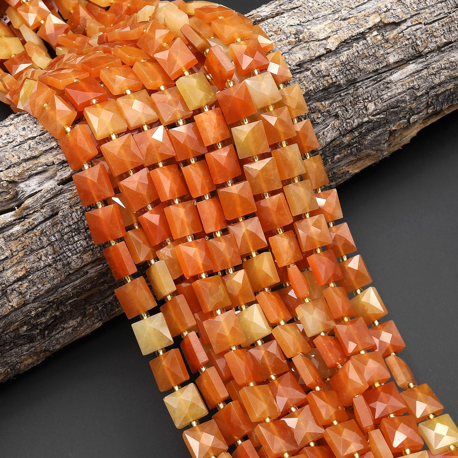 AAA Faceted Natural Orange Aventurine 10mm Flat Square Cushion Gemstone Beads 15.5" Strand