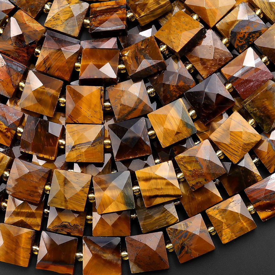 AAA Faceted Natural Tiger's Eye 10mm Flat Square Cushion Gemstone Beads 15.5" Strand