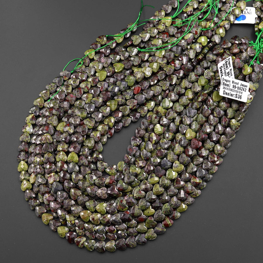 Faceted Natural Dragon Blood Jasper Carved Heart Beads 8mm Gemstone 15.5" Strand