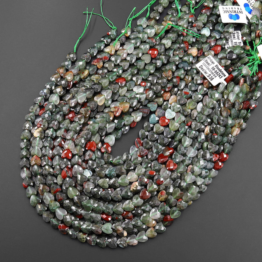 Faceted Natural African Bloodstone Carved Heart Beads 8mm Gemstone 15.5" Strand