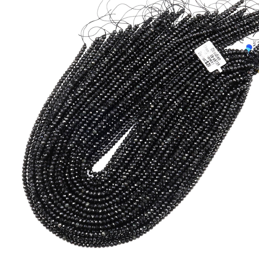 Genuine Natural Black Rainbow Obsidian Faceted 4mm Rondelle Beads 15.5" Strand