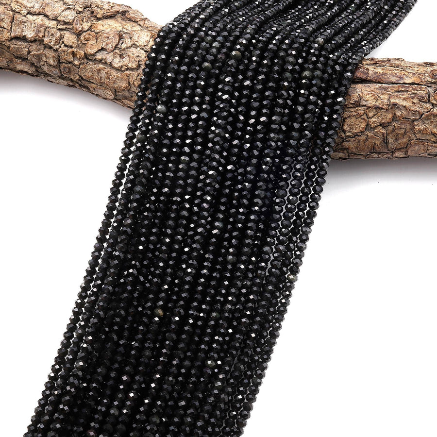 Genuine Natural Black Rainbow Obsidian Faceted 4mm Rondelle Beads 15.5" Strand