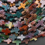 Natural Indian Agate Cross Beads 10x14mm Vertically Drilled Red Green Brown Teal Gemstone 15.5" Strand