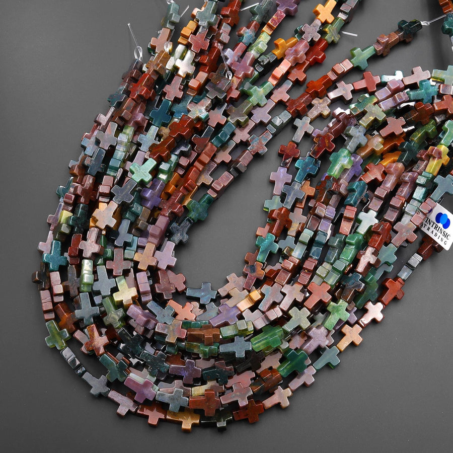 Natural Indian Agate Cross Beads 10x14mm Vertically Drilled Red Green Brown Teal Gemstone 15.5" Strand