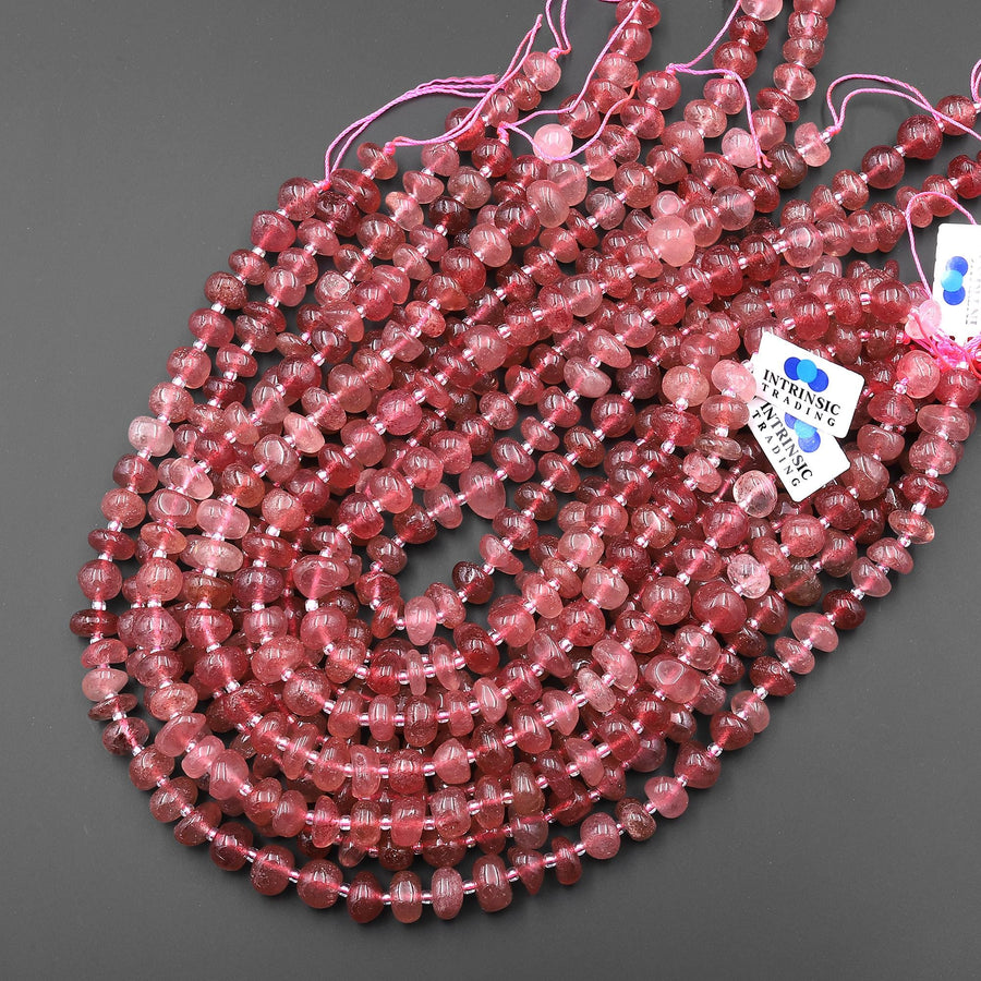 Natural Strawberry Quartz Freeform Center Drilled 8mm 10mm Thick Rondelle Disc Nugget Beads 15.5" Strand