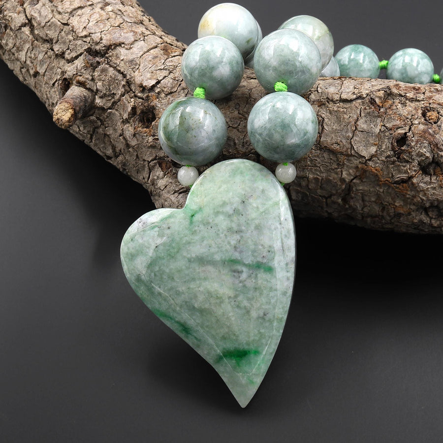 Genuine Natural Burma Green Jade Heart Pendant Round Beads Long Necklace 30" Strand