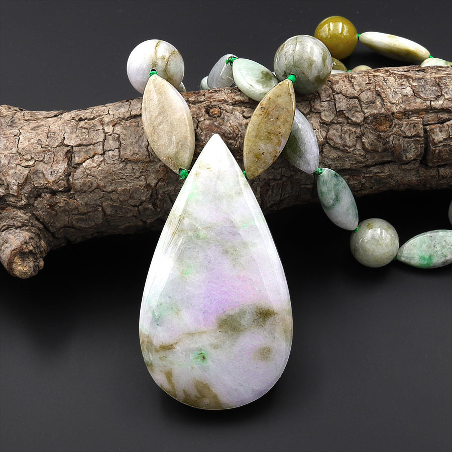 Genuine Natural Burma Green Purple Jade Pendant Long Necklace 28" Strand