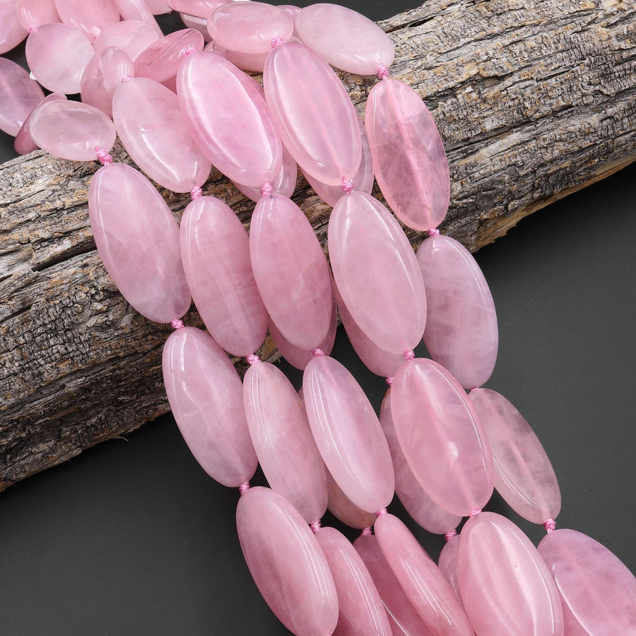 AAA Large Natural Pink Rose Quartz Smooth Long Oval Focal Pendant Beads 40x20mm 15.5" Strand