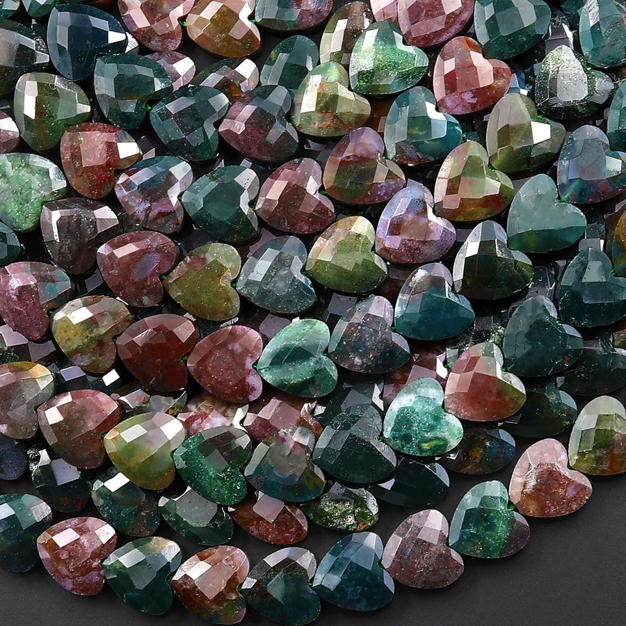 Faceted Natural Indian Agate Carved Heart Beads 8mm Mauve Purple Green Gemstone 15.5" Strand
