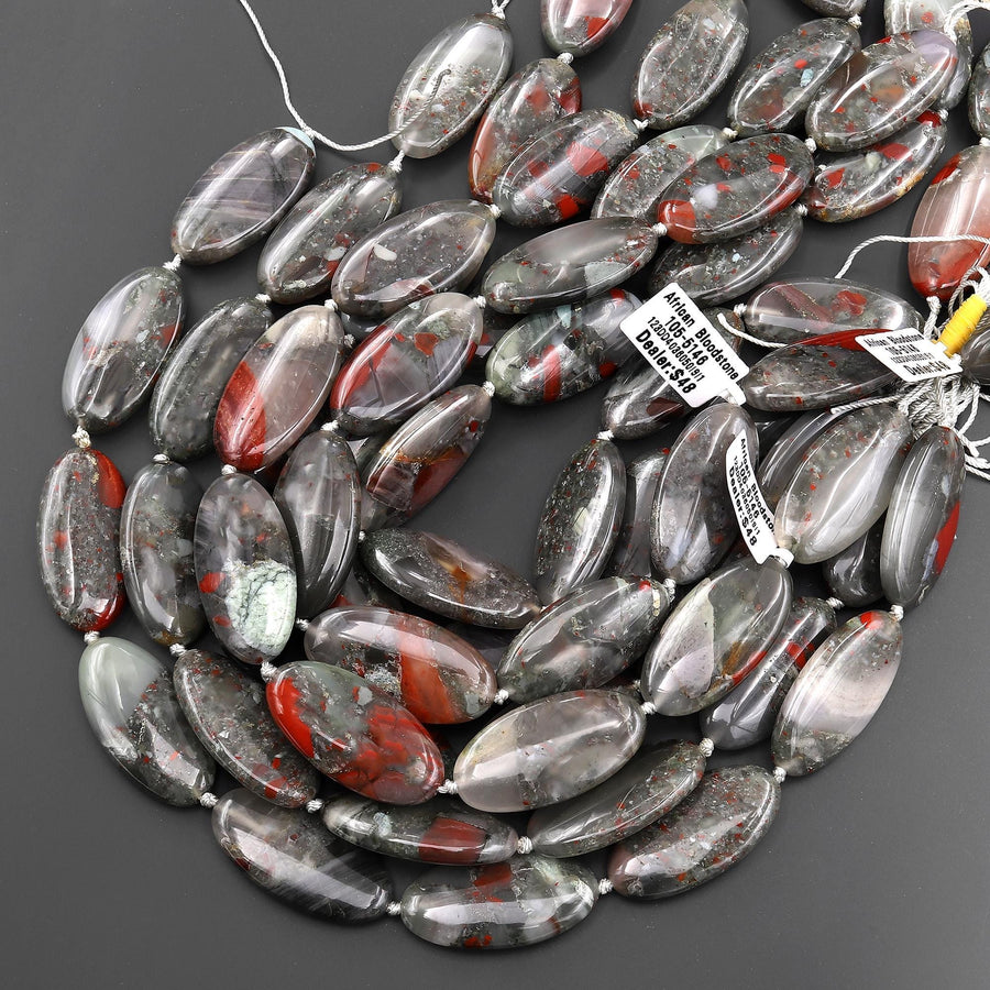 AAA Large Natural African Bloodstone Smooth Long Oval Focal Pendant Beads 40x20mm 15.5" Strand