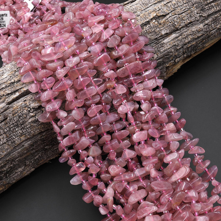 Natural Madagascar Mauve Pink Rose Quartz Freeform Pebble Nugget Beads Center Drilled Gemstone 15.5" Strand
