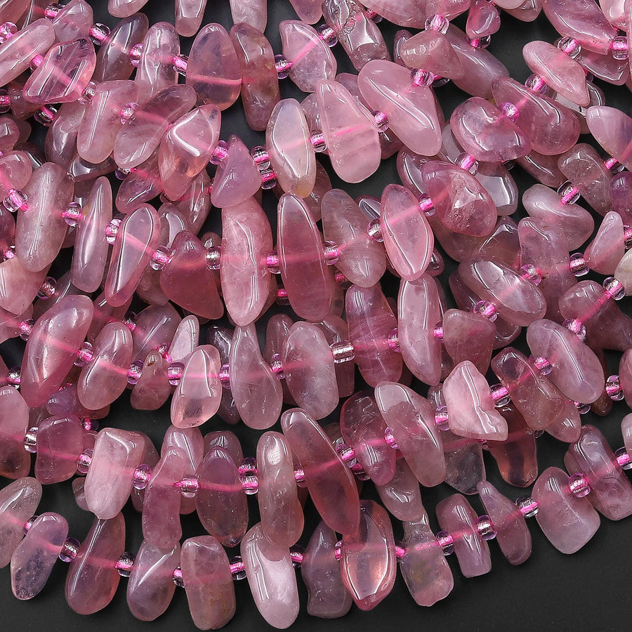 Natural Madagascar Mauve Pink Rose Quartz Freeform Pebble Nugget Beads Center Drilled Gemstone 15.5" Strand