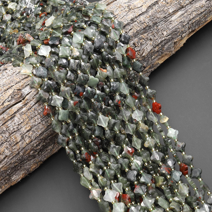 Four Leaf Clover 10mm Beads Natural African Bloodstone Carved Faceted Flower Gemstone 15.5" Strand