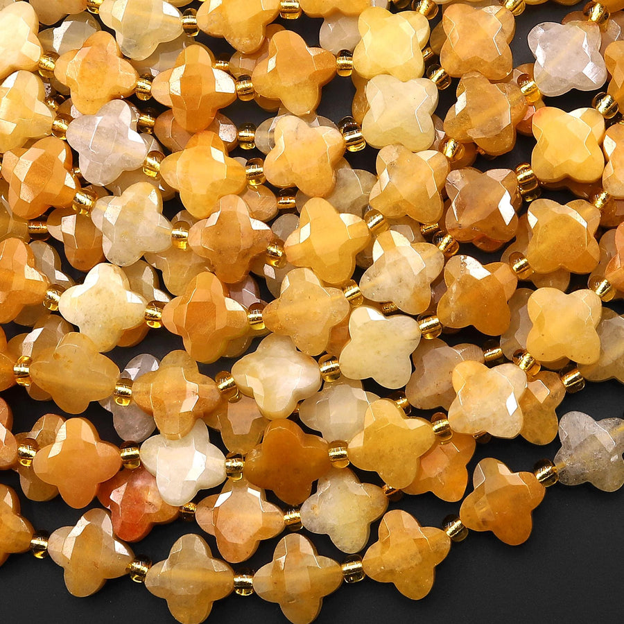 Four Leaf Clover 10mm Beads Natural Yellow Jade Carved Faceted Flower Gemstone 15.5" Strand