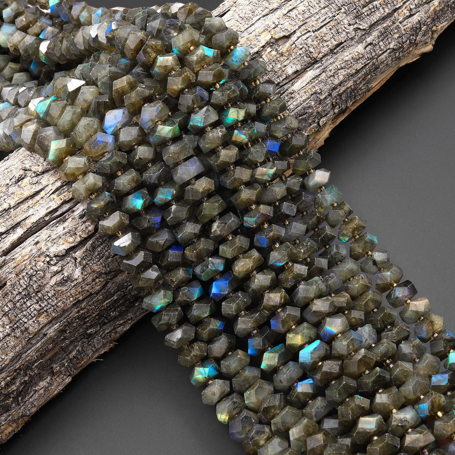 AAA Faceted Natural Labradorite Chiseled Geometric Rectangle Nugget Rondelle Beads 12mm 15.5" Strand