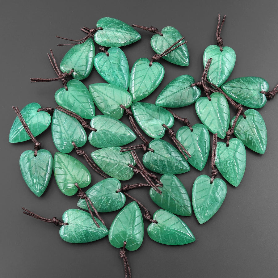 Hand Carved Natural Green Aventurine Elongated Heart Shaped Leaf Pendant Drilled Gemstone 3D