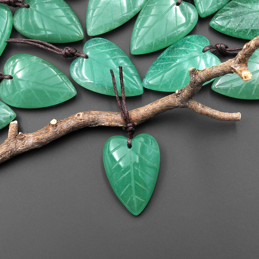 Hand Carved Natural Green Aventurine Elongated Heart Shaped Leaf Pendant Drilled Gemstone 3D