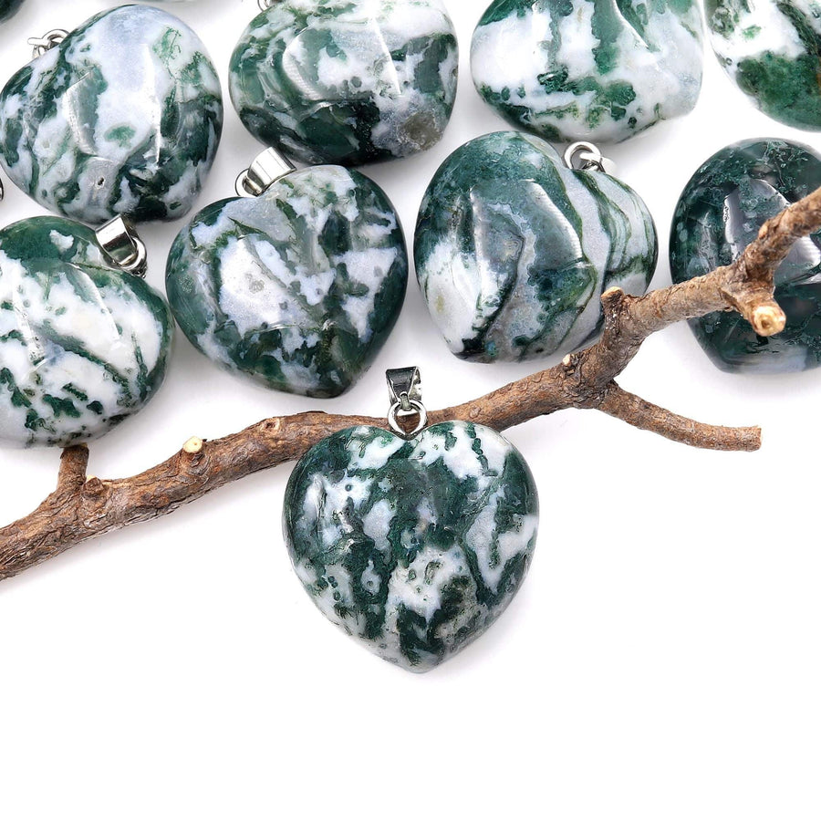 AAA Natural Moss Agate Pendant Puffy Heart 30mm Gemstone