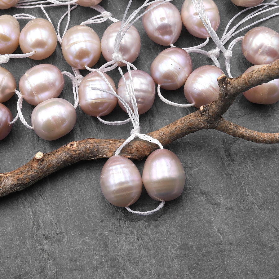 Large Natural Soft Powder Pink Potato Oval Pearl Earring Pair A1