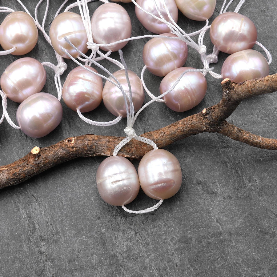 Large Natural Soft Powder Pink Potato Oval Pearl Earring Pair A2