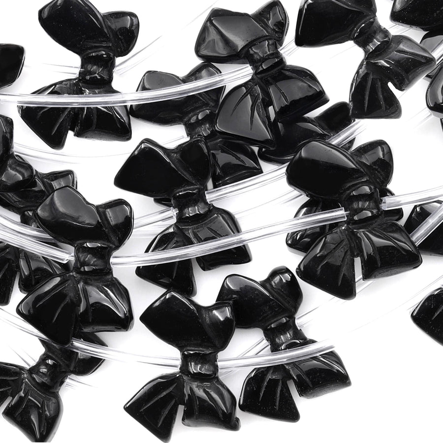 Hand Carved Natural Black Onyx Ribbon Bow Beads 3D