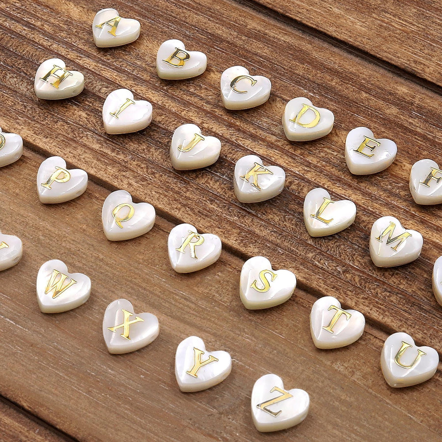 AAA Top Side Drilled Natural White Mother of Pearl Shell Beads 8mm Heart Gold Engraving Choose from 26 Alphabet Letters Name Initial
