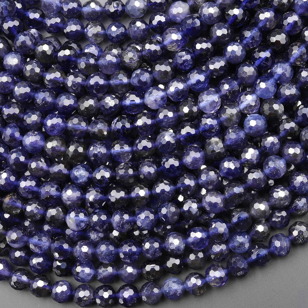 AAA Natural Midnight Blue Iolite Faceted 6mm Round Beads Genuine Gemst ...