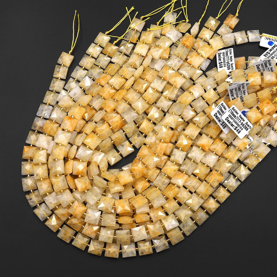 AAA Faceted Natural Golden Healer Quartz Beads 10mm Square Cushion 15.5" Strand