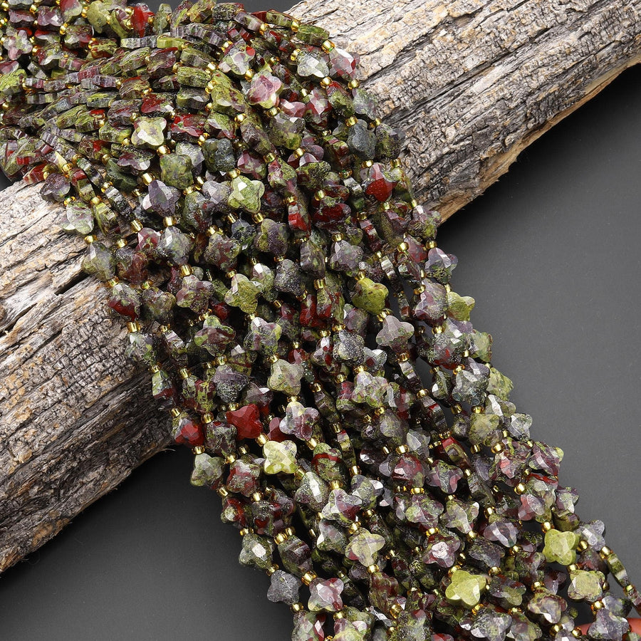 Four Leaf Clover 10mm Beads Natural Dragon Blood Jasper Carved Faceted Flower Gemstone 15.5" Strand