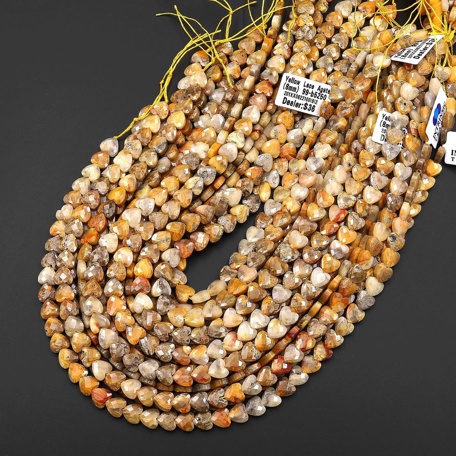 AAA Faceted Natural Yellow Crazy Lace Agate Carved Heart Beads 8mm Gemstone 15.5" Strand