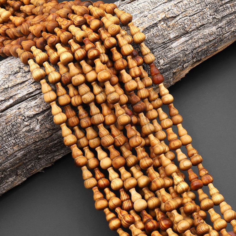 Natural Golden Sandalwood Beads Fortune Treasure Gourd Shape Aromatic Pure Wood Great For Mala Prayer Meditation Therapy 15.5" Strand