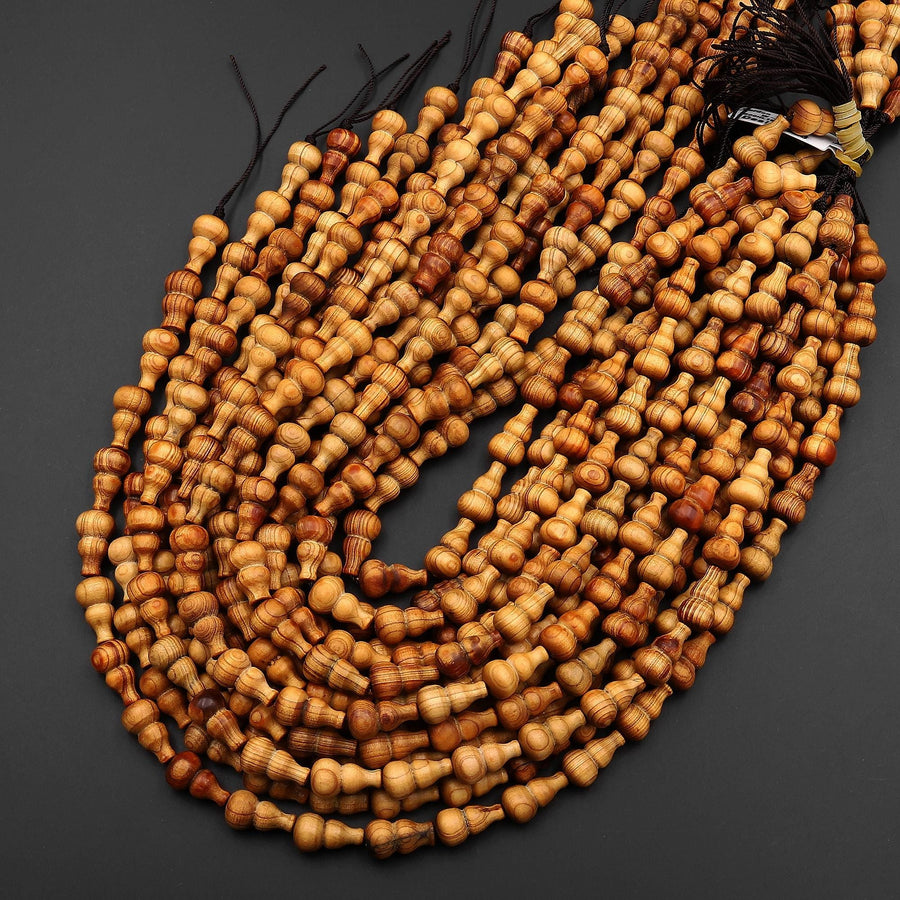 Natural Golden Sandalwood Beads Fortune Treasure Gourd Shape Aromatic Pure Wood Great For Mala Prayer Meditation Therapy 15.5" Strand