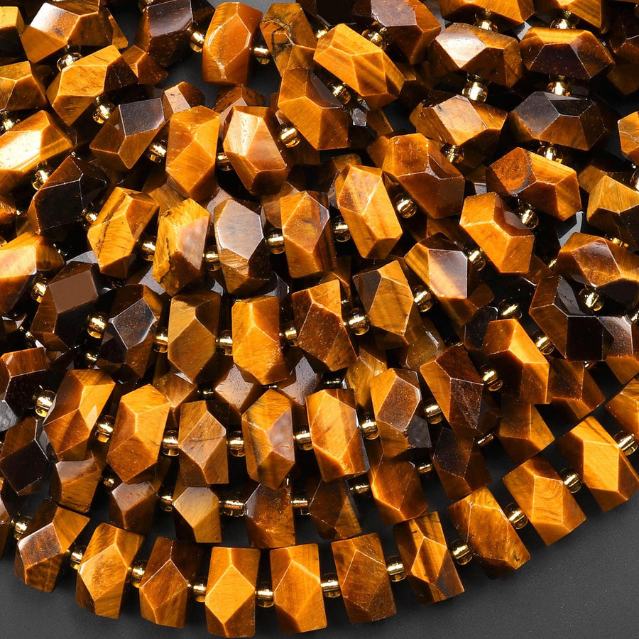 AAA Faceted Natural Tiger's Eye Chiseled Geometric Rectangle Nugget Rondelle Beads 12mm 15.5" Strand