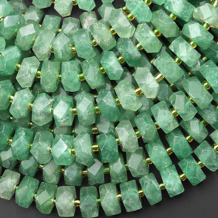 AAA Faceted Natural African Green Chalcedony Chiseled Geometric Rectangle Nugget Rondelle Beads 12mm 15.5" Strand