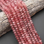 AAA Faceted Natural Strawberry Quartz Chiseled Geometric Rectangle Nugget Rondelle Beads 12mm 15.5" Strand
