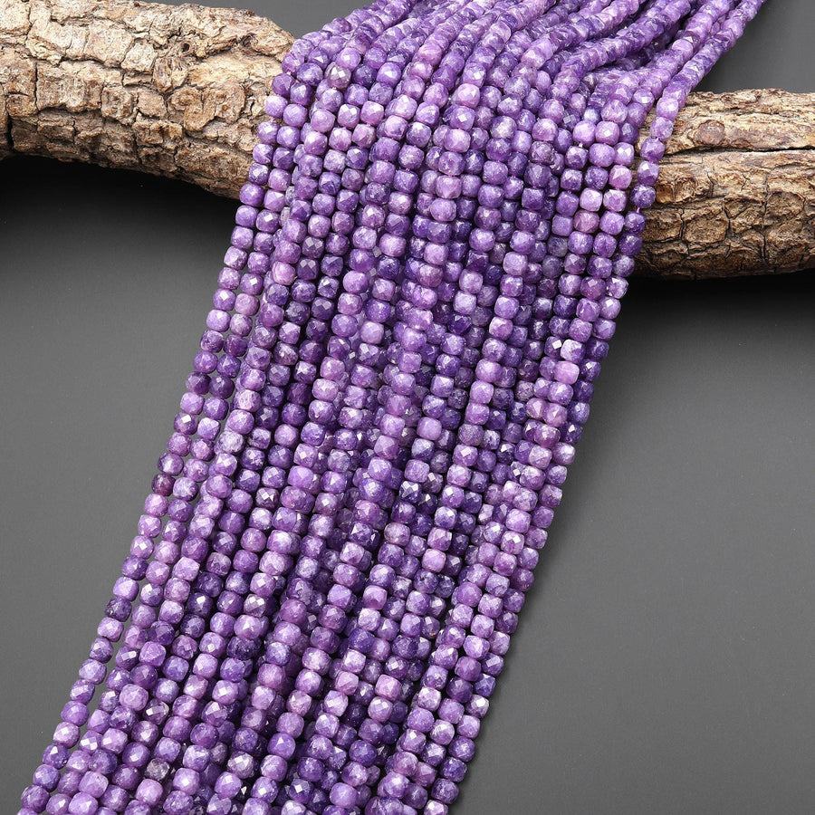 AAA Natural Purple Lepidolite Faceted 4mm Cube Square Beads 15.5" Strand