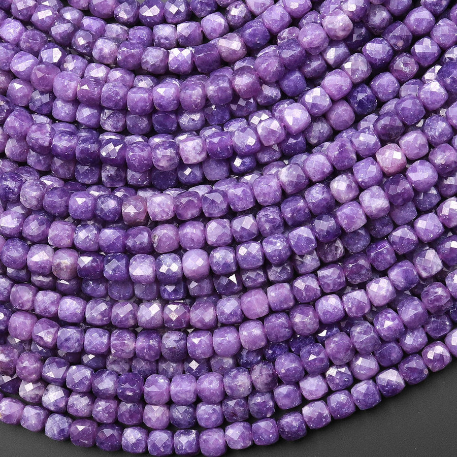 AAA Natural Purple Lepidolite Faceted 4mm Cube Square Beads 15.5" Strand
