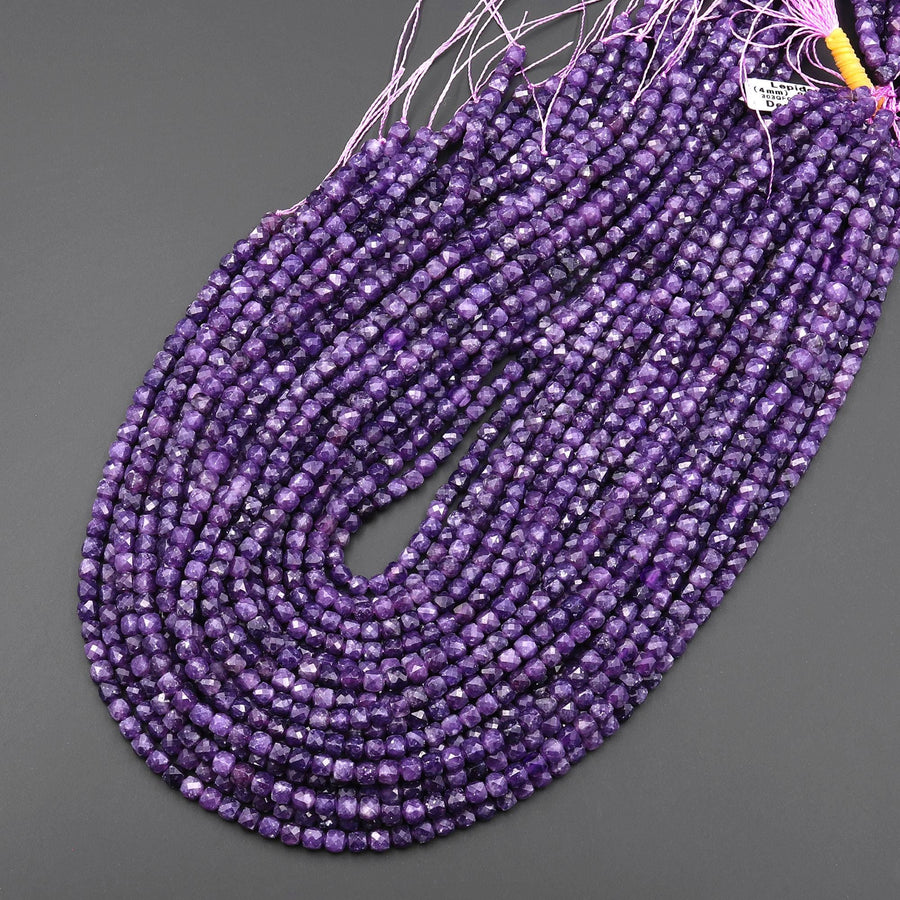 AAA Natural Dark Purple Lepidolite Faceted 4mm Cube Square Beads 15.5" Strand b5256