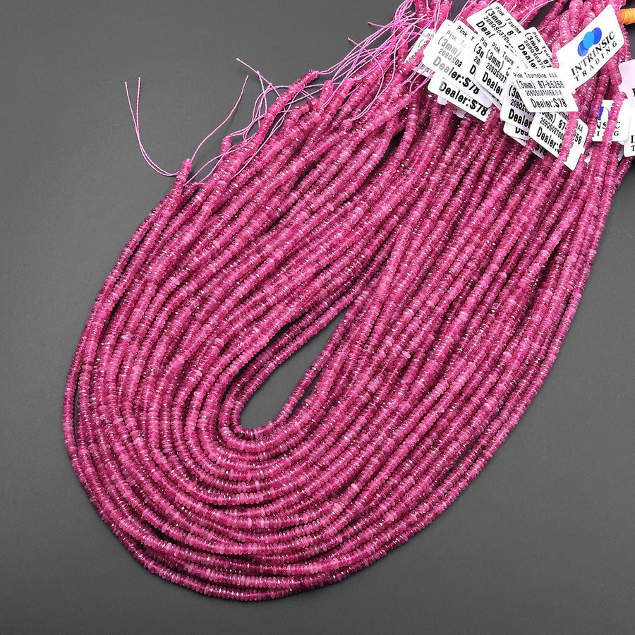 AAA Faceted Natural Pink Tourmaline Thin Rondelle 3x1mm Beads Gemstone 15.5" Strand B5258