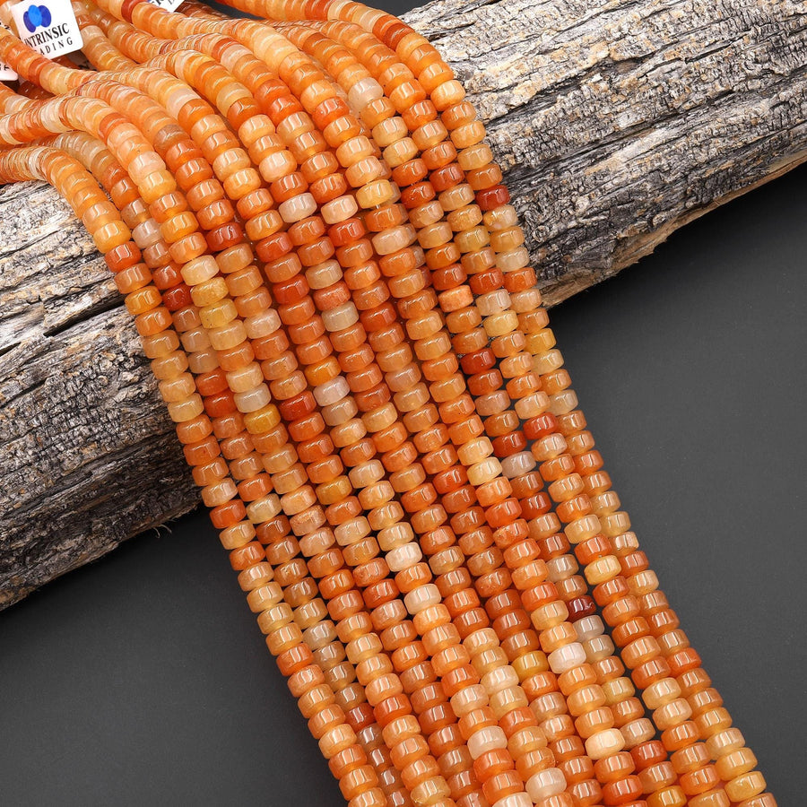 AAA Natural Orange Aventurine Jade 7mm 8mm Smooth Rounded Heishi Rondelle Thick Disc Beads 15.5" Strand