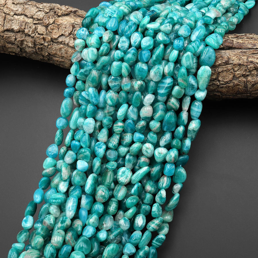 Natural Sea Blue Green Russian Amazonite Freeform Oval Pebble Nugget Beads Gemstone 15.5" Strand