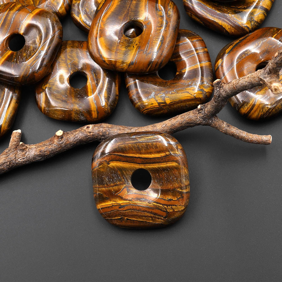 AAA Natural Tiger Iron Square Donut Pendant 30mm