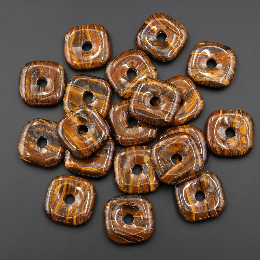 AAA Natural Tiger Iron Square Donut Pendant 30mm