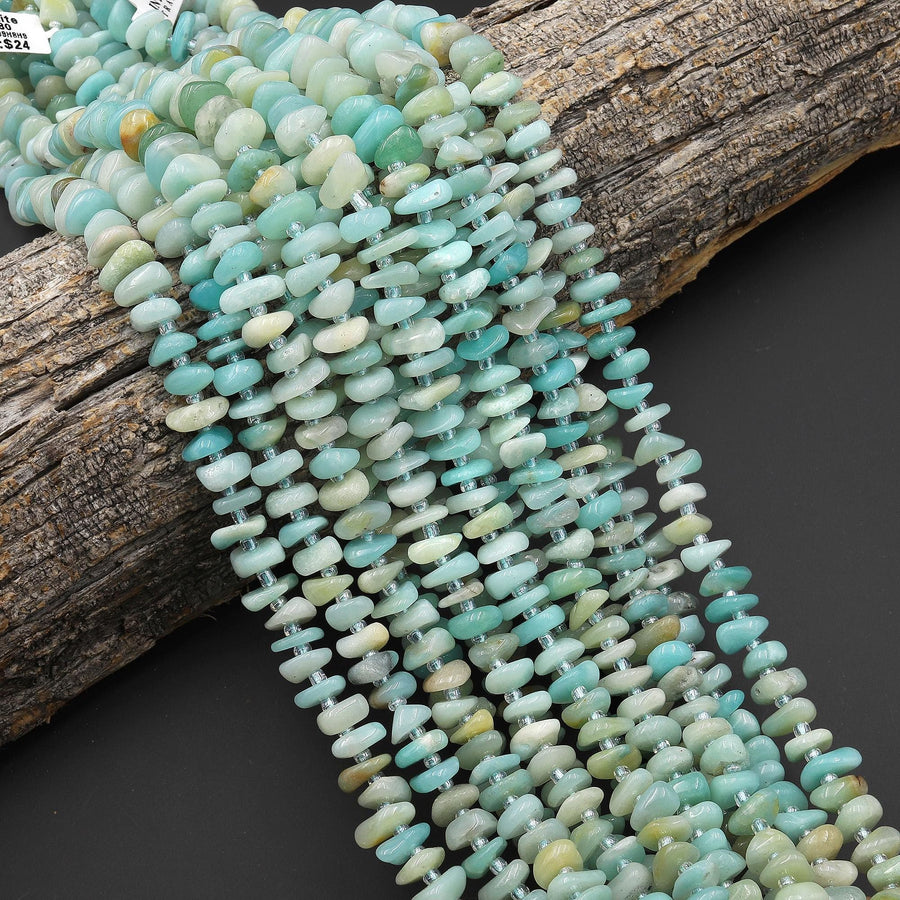 Natural Sea Blue Amazonite Freeform Center Drilled Rondelle Nugget Beads 15.5" Strand