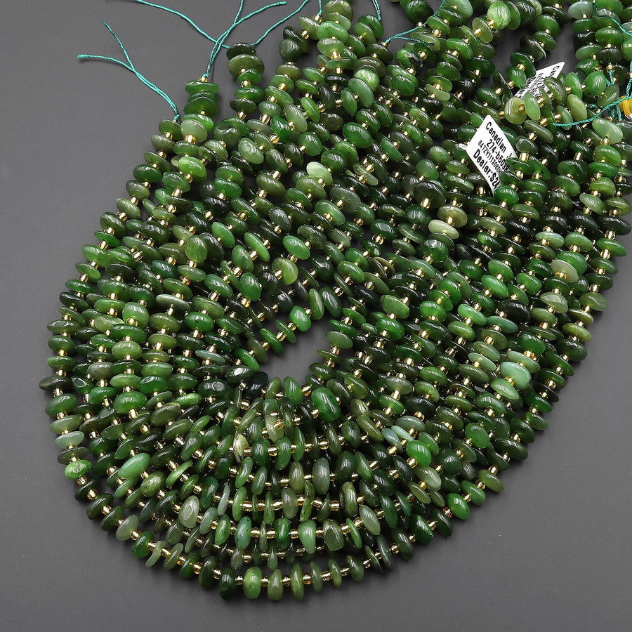 Natural Canadian Jade Freeform Rondelle Beads Center Drilled Disc Nugget 15.5" Strand