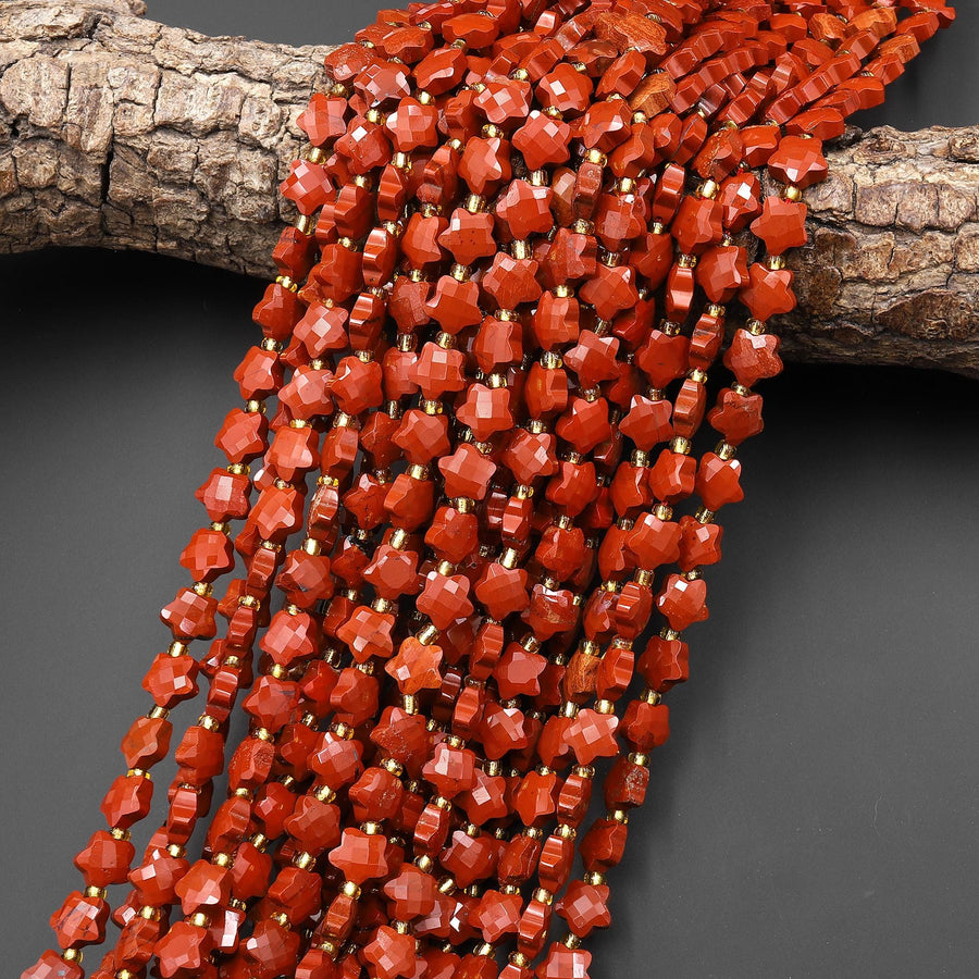 Faceted Natural Red Jasper Beads 8mm Carved Star Gemstone 14.5" Strand